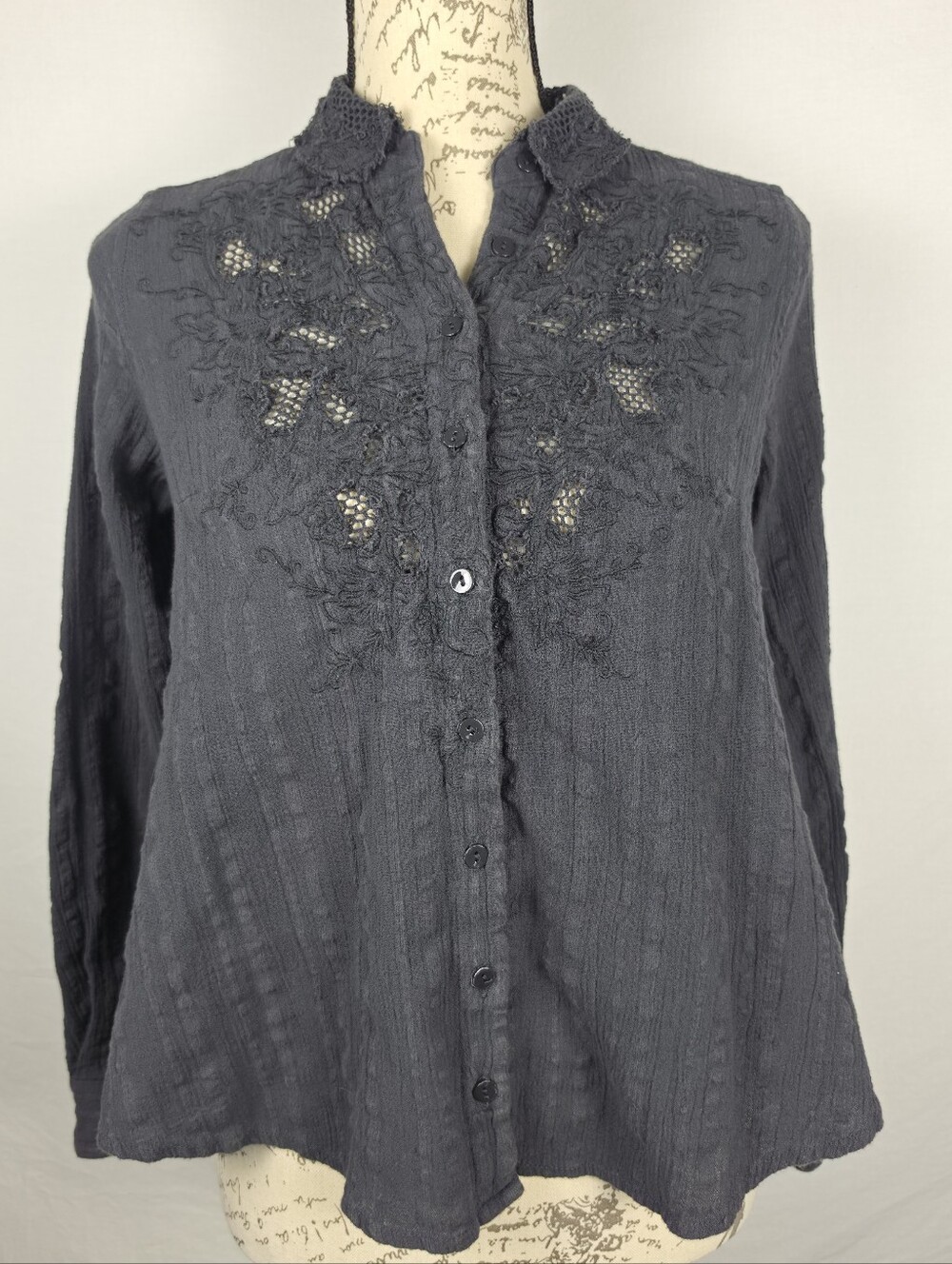 Free People Embroidered Lace Button Down Boho Blouse Slate Gray Gauze XS/TP